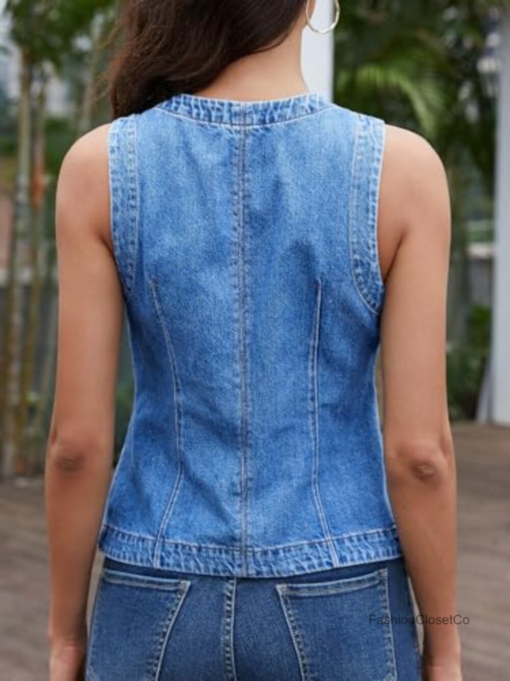 Crew Neck Denim Vest, Button Down Fitted Jean Vest Top for Women Casual - Picture 3 of 7